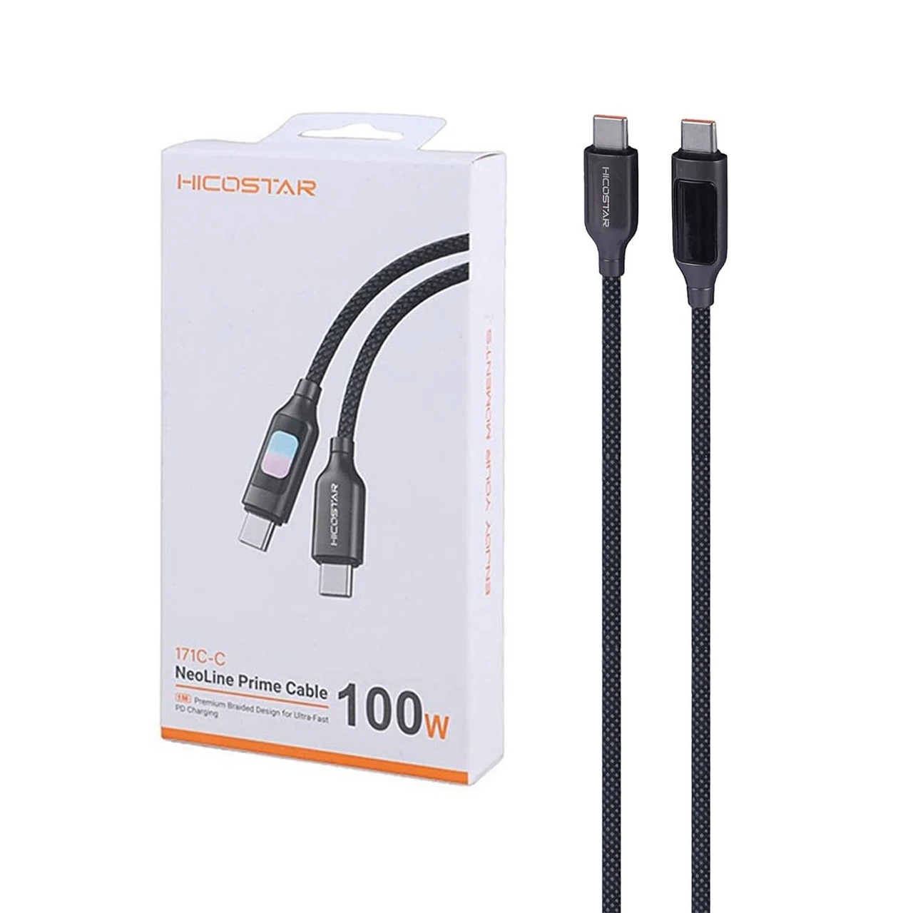 کابل شارژ فست و Hicostar Type-C to Type-C PD مدل HS-171C-C 100W - مشکی (دارای نمایشگر LED)